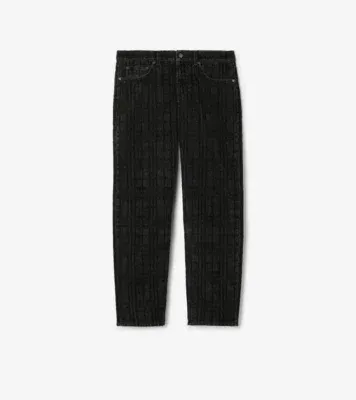 Check Flocked Straight Jeans in Black