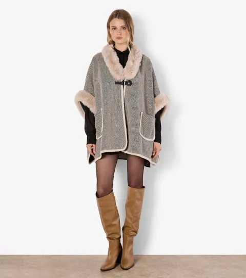Women's Stone Faux Fur Side Slit Cape