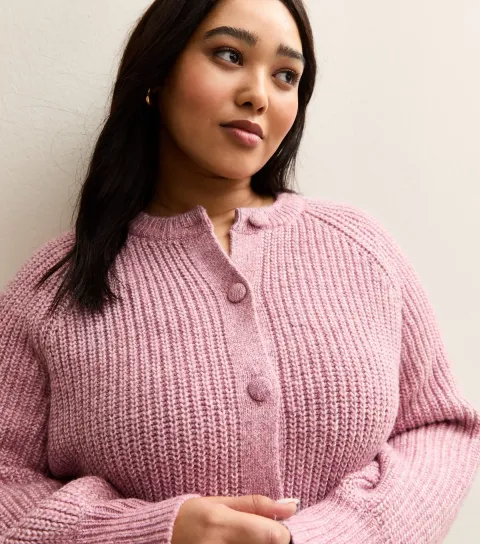 Women's Plus Size Pink Ribbed Knit Raglan Sleeve Cardigan Curves