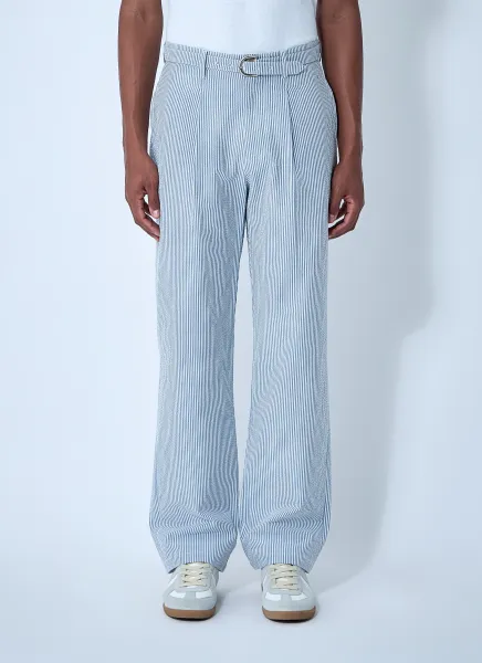 Seersucker Belted Single-Pleat Pants