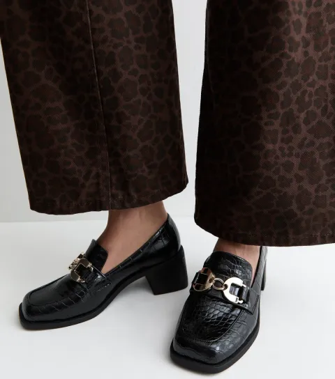 Women's Black Faux Leather Crocodile Embossed Heeled Loafers Vegan