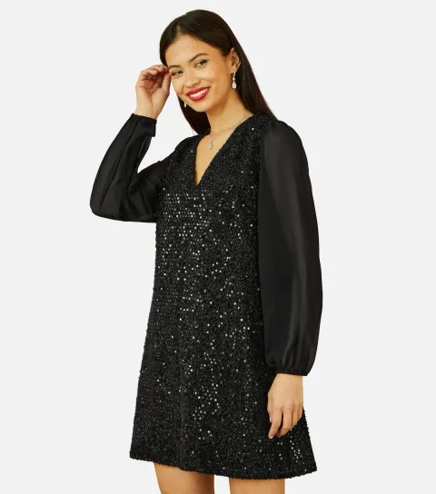 Women's Black Sequin V Neck Tunic Dress