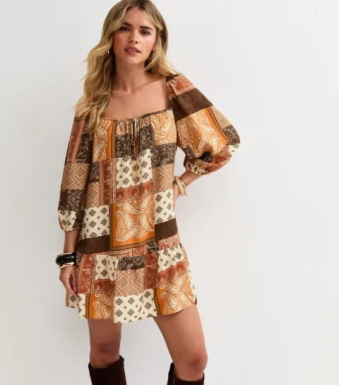 Women's Petite Brown Patchwork Smock Mini Dress