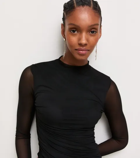 Women's Black Mesh Ruched Long Sleeve Mini Dress