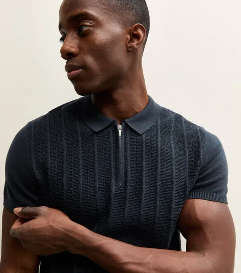 New Look Men's Navy Rib Knit Quarter Zip Polo Shirt