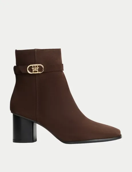 Tommy Hilfiger Suede Strap Monogram Block Heel Ankle Boots Dark Brown