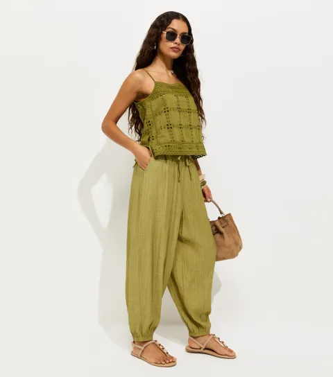 Women's Petite Light Khaki Pleated Wide Leg Cuffed Trousers