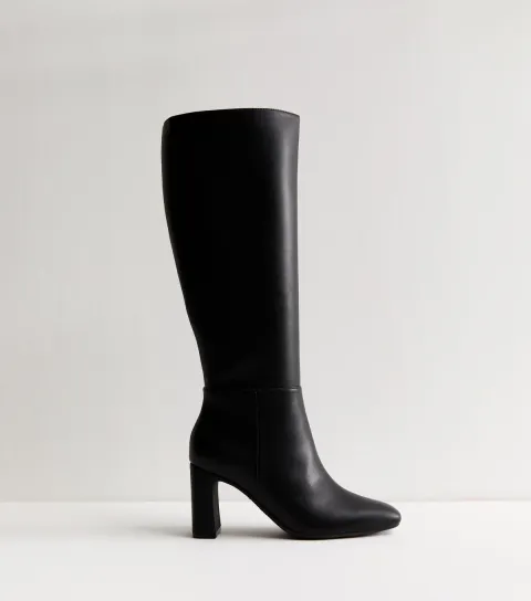 Women's Black Faux Leather Heeled Knee High Boots