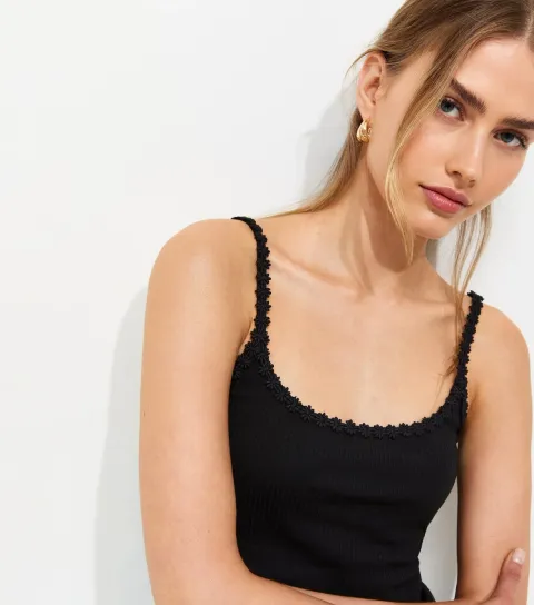 Women's Black Cotton Rich Daisy Trim Scoop Neck Vest Top