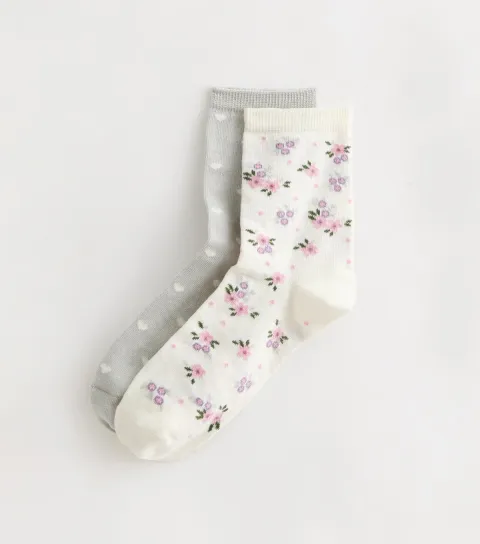 Pack of 2 Grey Floral Heart Ankle Socks