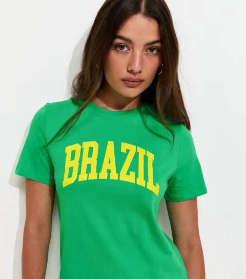 Women's Bright Green Cotton Brazil Print Relaxed T-Shirt