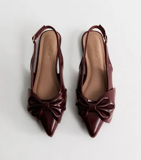 Women's Dark Burgundy Faux Leather Bow Slingback Flats Vegan