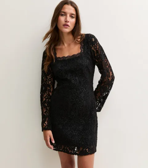 New Look Women's Black Lace Square Neck Long Sleeve Mini Dress
