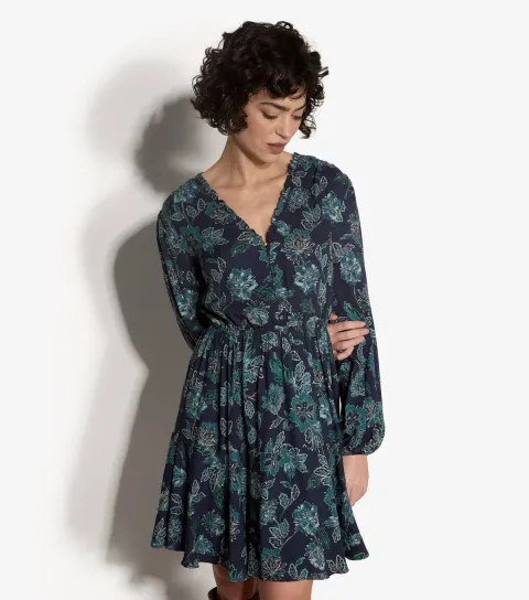Women's Blue Ruffle Trim V-Neck Mini Dress