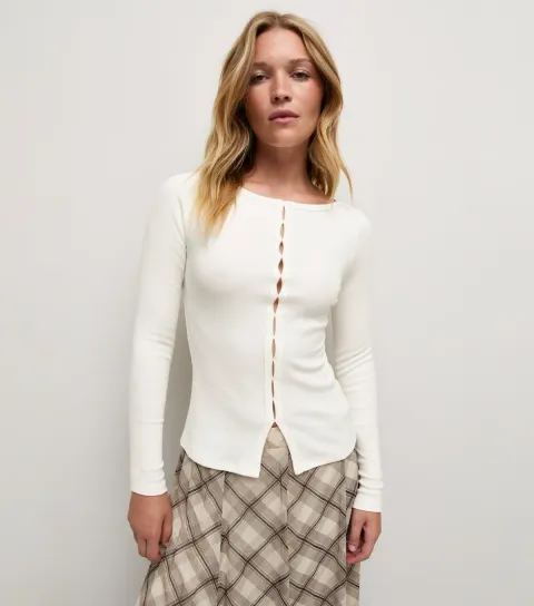 Women's White Cotton Rich Button Through Long Sleeve Top