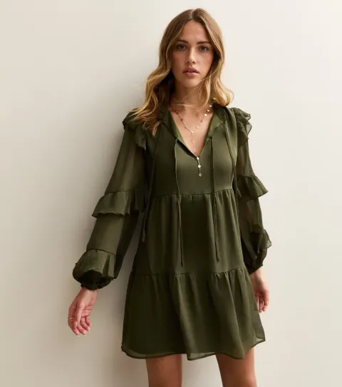New Look Women's Khaki Ruffle Trimmed Tie Neck Chiffon Mini Dress