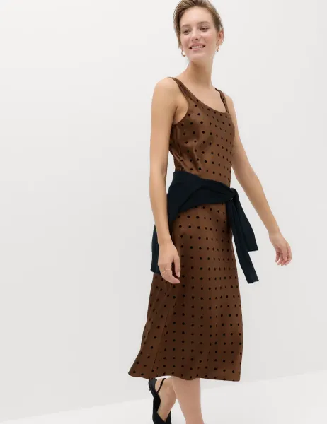 Marks & Spencer Satin Polka Dot Flocked Midi Slip Dress Chocolate Mix