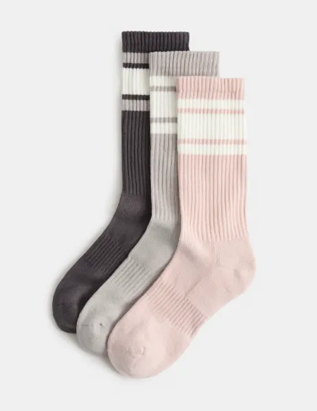 Goodmove 3 Pack Cotton Rich Striped Crew Socks Dark Grey Mix