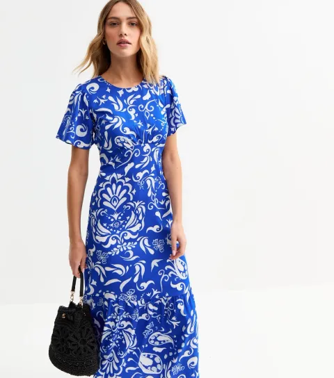 New Look Women's Blue Pattern Print Tiered Hem Midi Dress