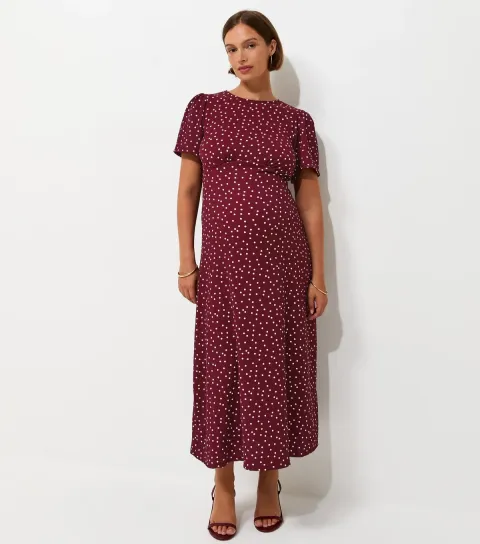 Women's Maternity Red Spot Print Crinkle Texture Midi Dress