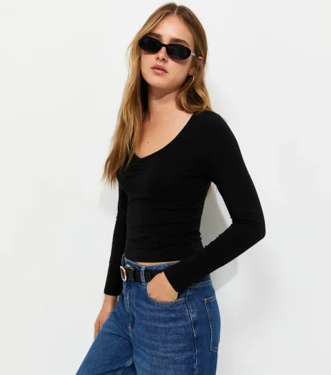 Women's Black Cotton Rich Sweetheart Neck Long Sleeve T-Shirt