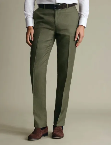 Charles Tyrwhitt Slim Fit Pure Linen Flat Front Trousers Olive