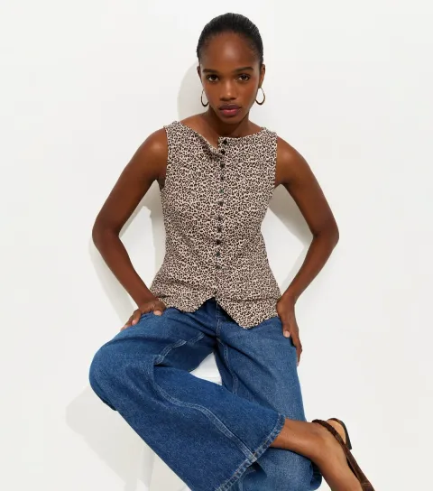 Women's Brown Leopard Print Button Through Tank Top