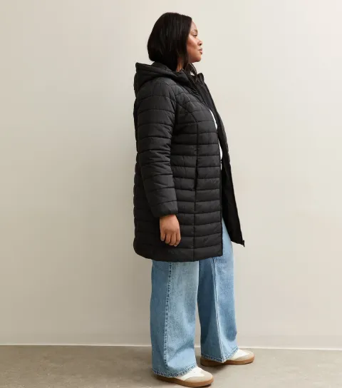 Women's Plus Size Black Padded Longline Puffer Jacket Curves
