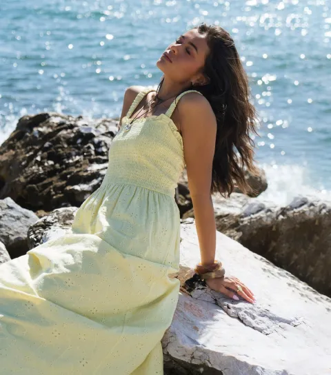 Women's Light Yellow Broderie Anglaise Shirred Midi Dress