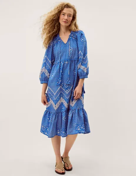 Monsoon Printed V-Neck Midi Skater Dress Blue Mix