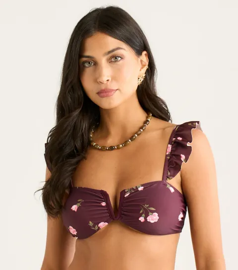 Women's Brown Floral Print Ruffle Strap Bikini Top