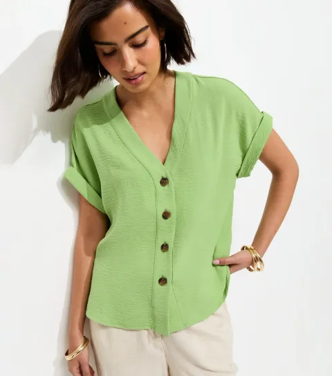 Women's Green Button Through Folded Cuff Top