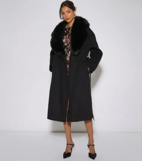 Gini London Women's Black Faux Fur Collar Longline Coat