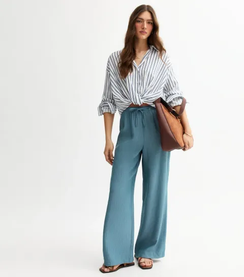 New Look Women's Blue Crinkled Wide Leg Trousers