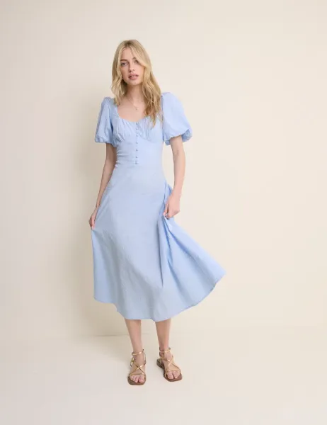 Nobody's Child Pure Cotton Puff Sleeve Midi Tea Dress Blue