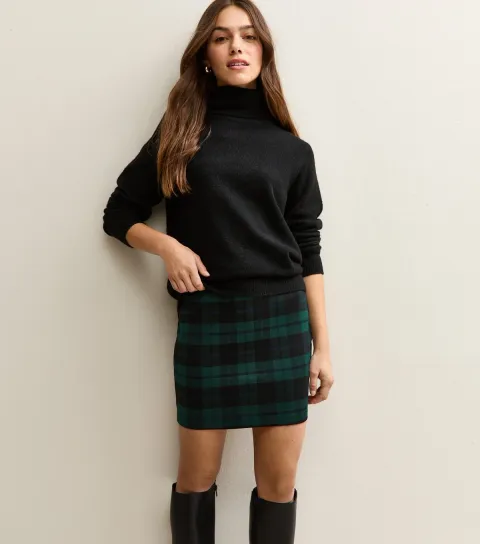 Women's Petite Green Check Tube Mini Skirt