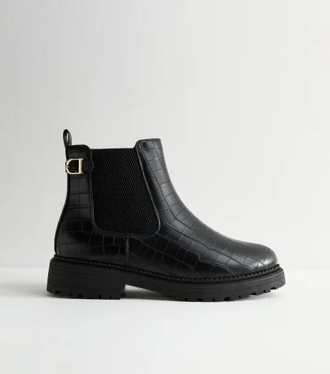 Women's Wide Fit Black Crocodile Effect Leather Ankle Boots Vegan