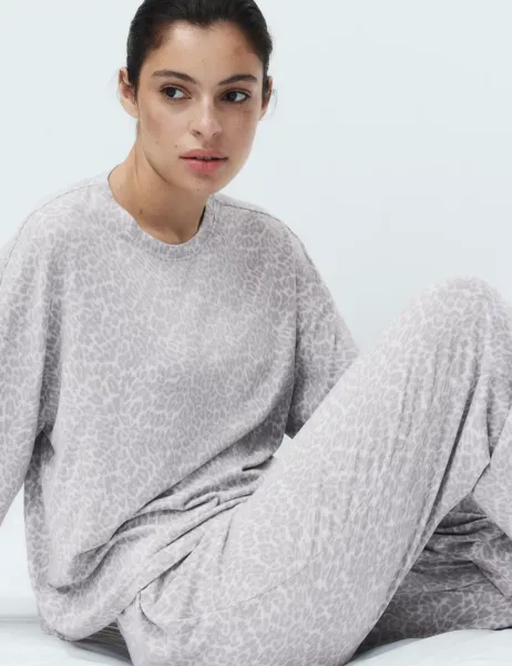 Marks & Spencer Cosy Knit Printed Cuffed Pyjama Set Grey Mix