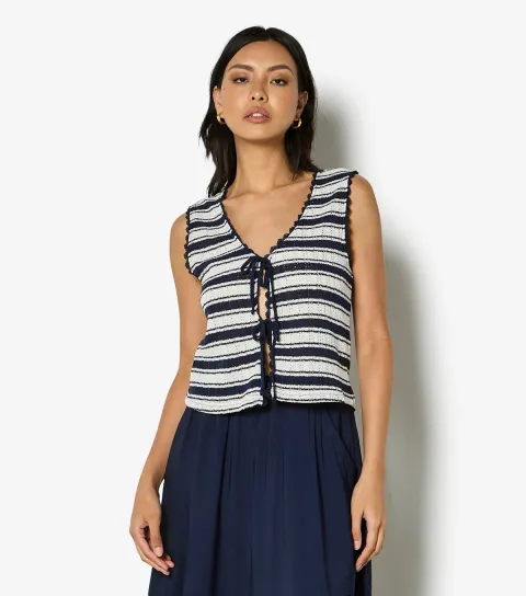 Women's Blue Textured Stripe Tie Front Top