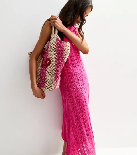Women's Bright Pink Crochet Tie Shoulder Midi Dress