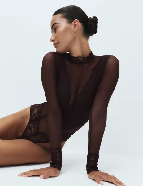 Marks & Spencer Sabine Mesh & Lace Long Sleeved Body Raisin