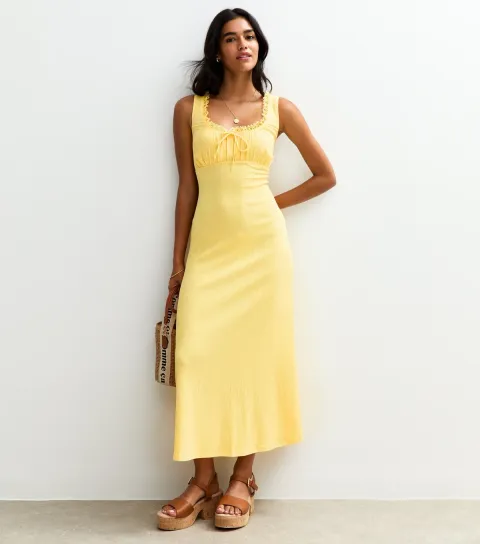 Women's Yellow Crinkled Texture Lace Trim Milkmaid Midi Dress