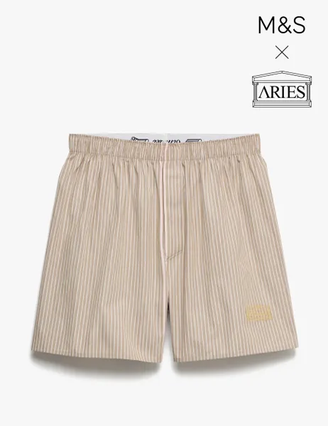 M&S x Aries Pure Cotton Striped Boxer Shorts Neutral