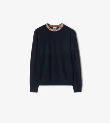 Check Trim Wool Sweater in Navy
