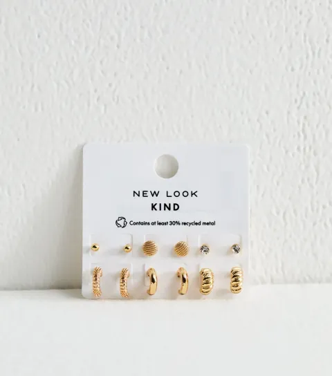 6 Pack Gold Tone Studs and Hoops Diamante and Twist Design