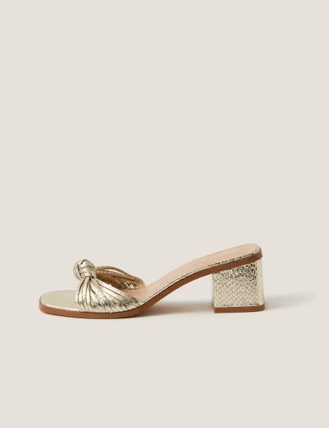 Monsoon Metallic Snake Print Knot Block Heel Mules Gold