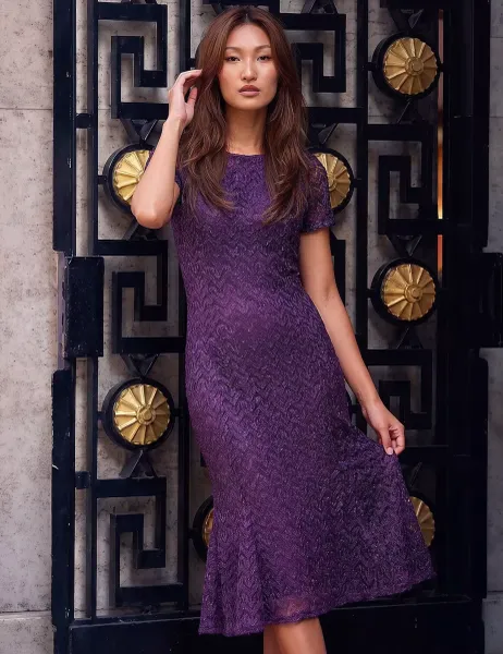 Roman Sparkle Lace Raglan Sleeve Flute Hem Dress Purple