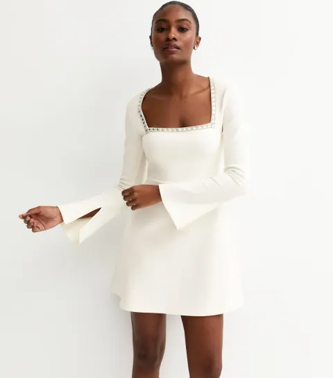 Women's White Diamante Square Neck Mini Dress