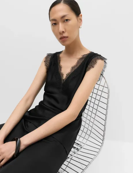 Marks & Spencer Satin V-Neck Lace Insert Cami Top Black