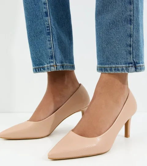 Women's Light Pink Faux Leather Lizard Embossed Heeled Court Shoes Vegan